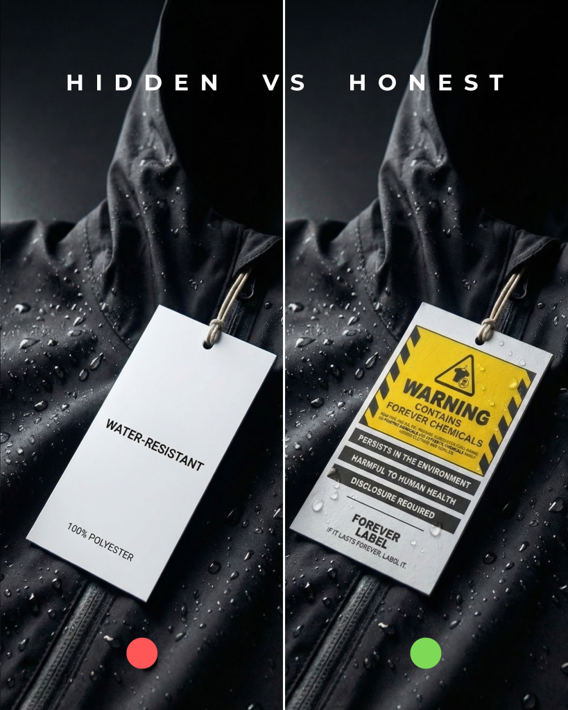 Split image of a water-resistant polyester jacket showing a hidden PFAS warning label for forever chemicals.