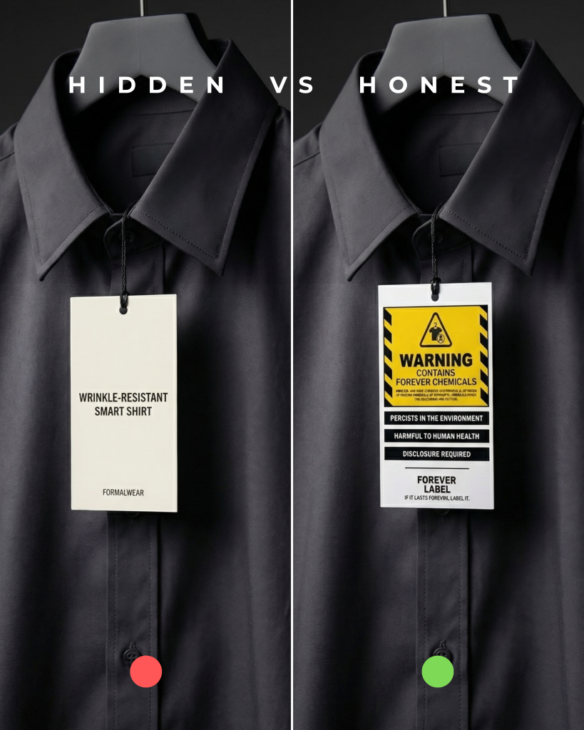 Split image of a wrinkle-resistant smart shirt comparing a standard garment tag with a PFAS warning label.