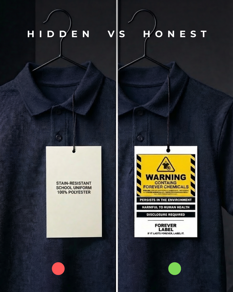 Stain-resistant school uniform shown with a PFAS warning label for forever chemicals.